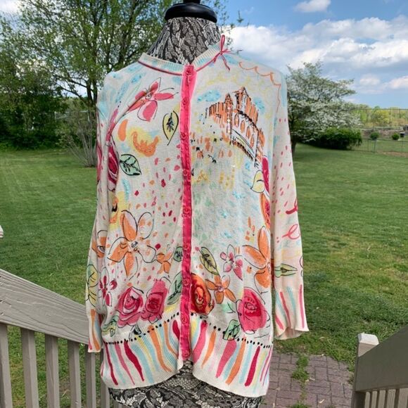 I. E. Woman Sz 1X Cream Button Up Sweater Whimsical Floral Postcard Design (C74) - Picture 2 of 15